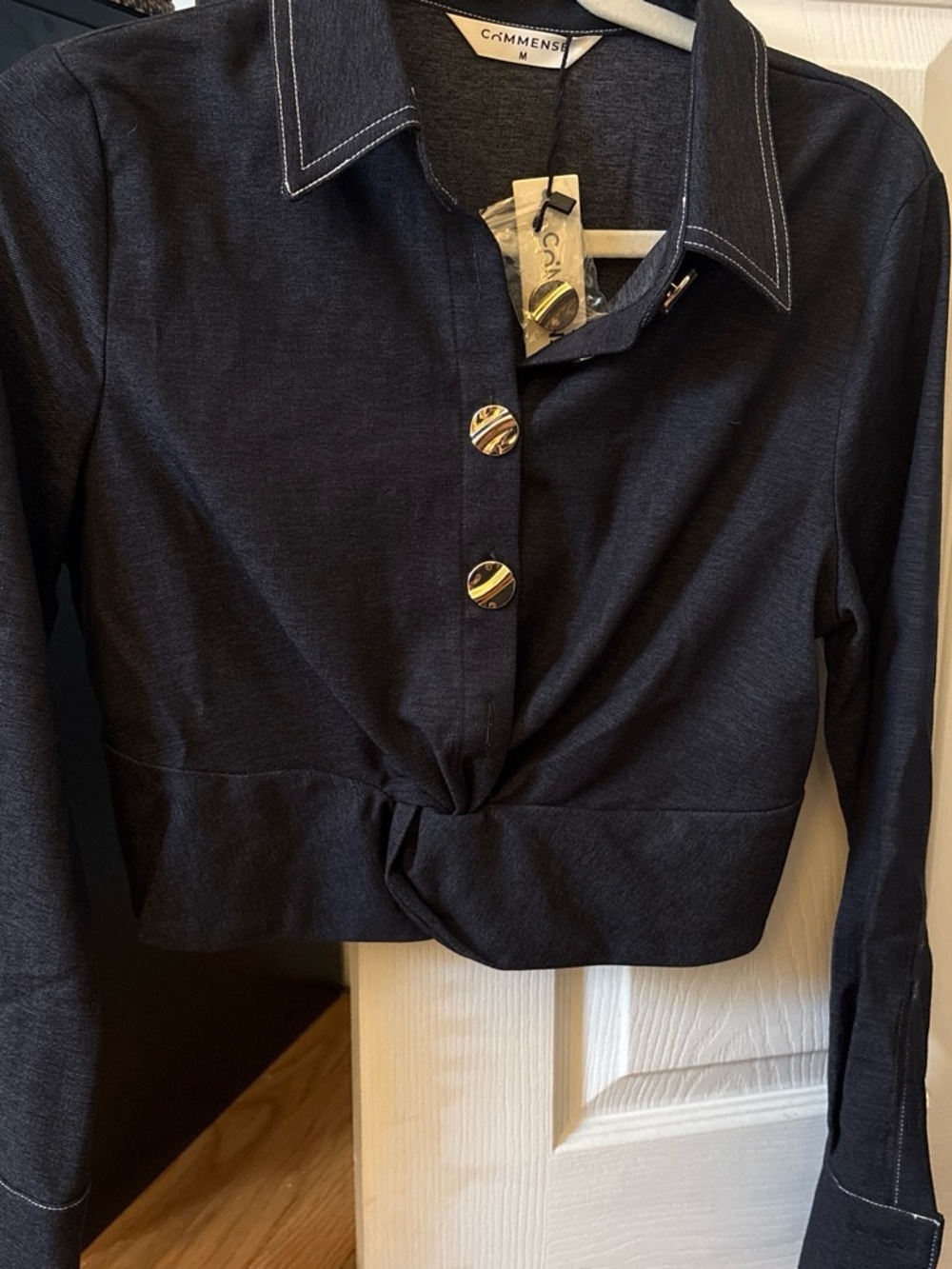 Commense Navy Twist-Front Cropped Button-Down Shirt